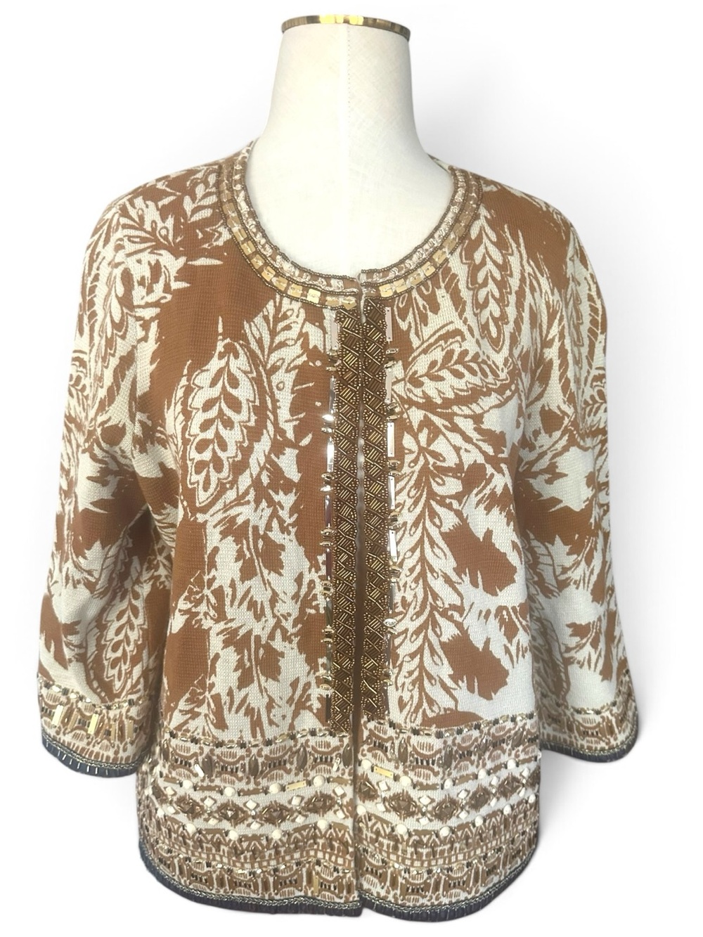 Chico’s NWT Embellished Pattern Cardigan Golden Ochre Beaded Knit Size 2 - Picture 2 of 11